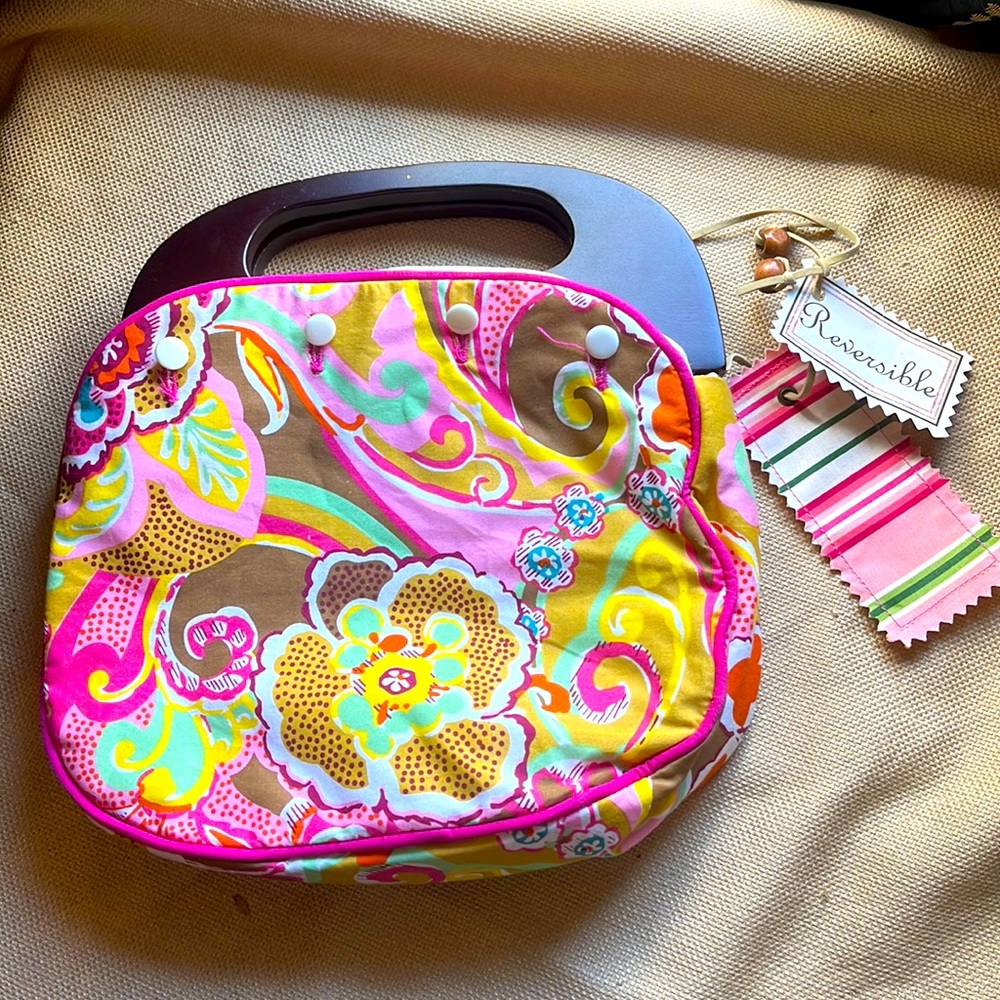 Retro 80’s style wooden handled purse with reversible cover- striped side